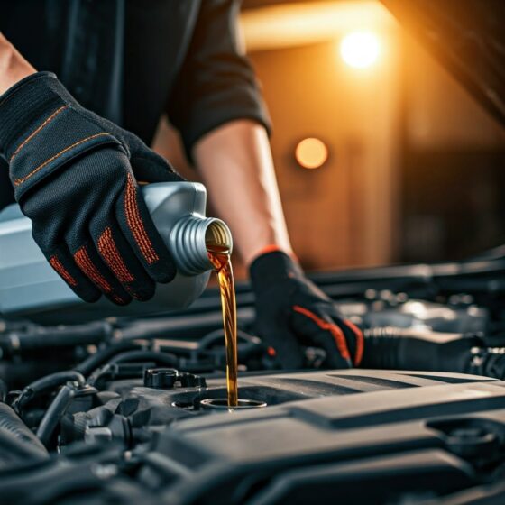 Αμορτισέρ online: 8. 000+ kyb monroe sachs brembo | Παράδοση 24h - πολύ λεπτομερής κοντινή πλάνο με γάντια χεριών που ρίχνουν λάδι κινητήρα από ένα διαφανές πλαστικό δοχείο στον κινητήρα ενός οχήματος, μαύρα γάντια με ζωηρές πορτοκαλί ραφές και τόνους, ζεστή πορτοκαλί λάμψη του ήλιου που δύει ή φωτισμός γκαράζ στο φόντο