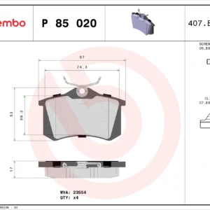 Σετ τακάκια, Δισκόφρενα Brembo P 85 020 Audi, Fiat, Ford, Lancia, MG, Peugeot, Renault, Seat, Skoda, VW, DS